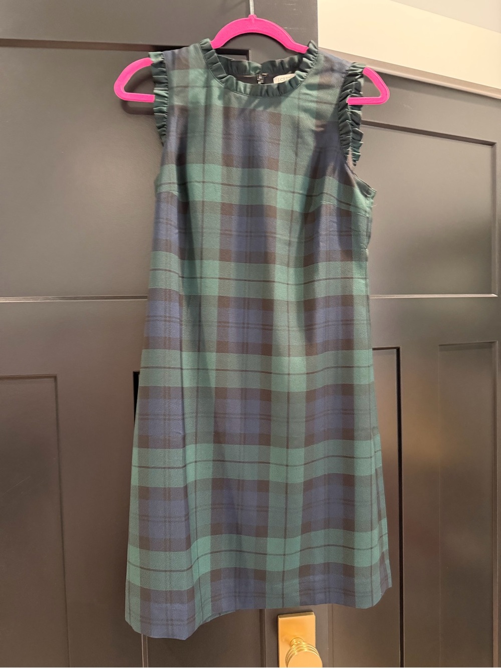J. Crew Green and Navy Plaid Ruffle-Trim Shift Dress